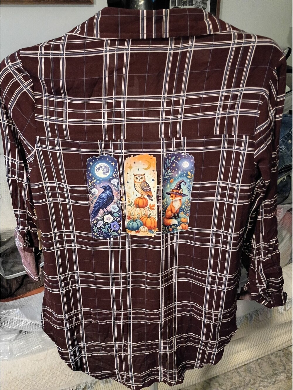 Passport Women's Rayon Brown Plaid Button-Up Shirt with Halloween Art Size S